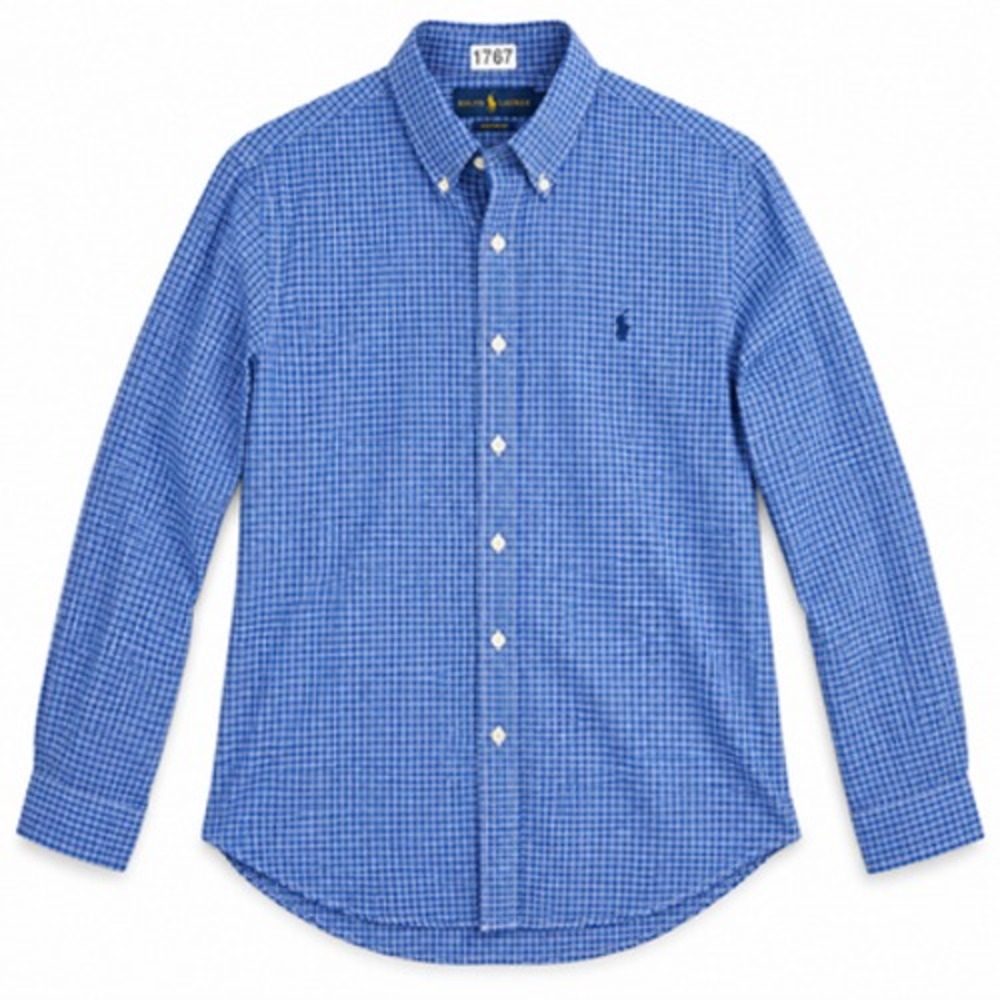 Ralph Lauren Men's Large Blue Check Custom Fit Cotton Button Down Pony Shirt